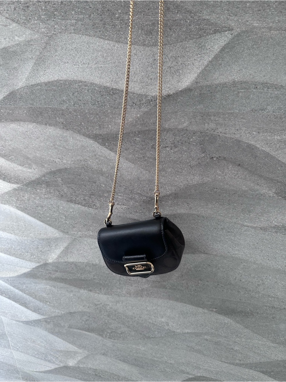 Black Leather Crossbody Bag with Gold Chain Coach